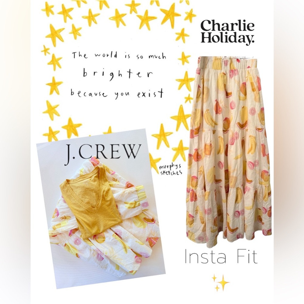 Charlie Holiday Fruit Print Tiered Maxi Skirt M Linen Blend plus J. Crew Tee
